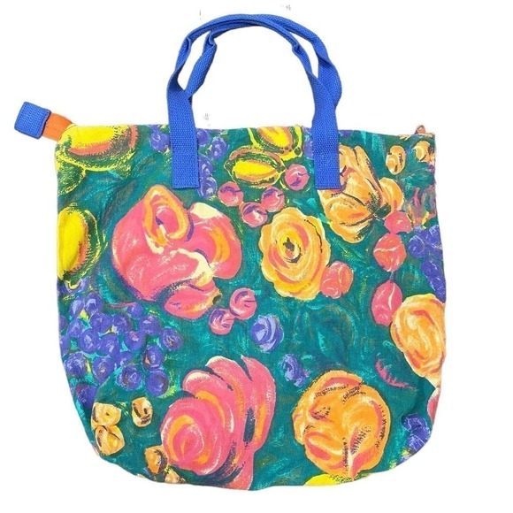 VINTAGE Floral Fruit Tote Bag Shopping Blue Pink Orange - Picture 4 of 6